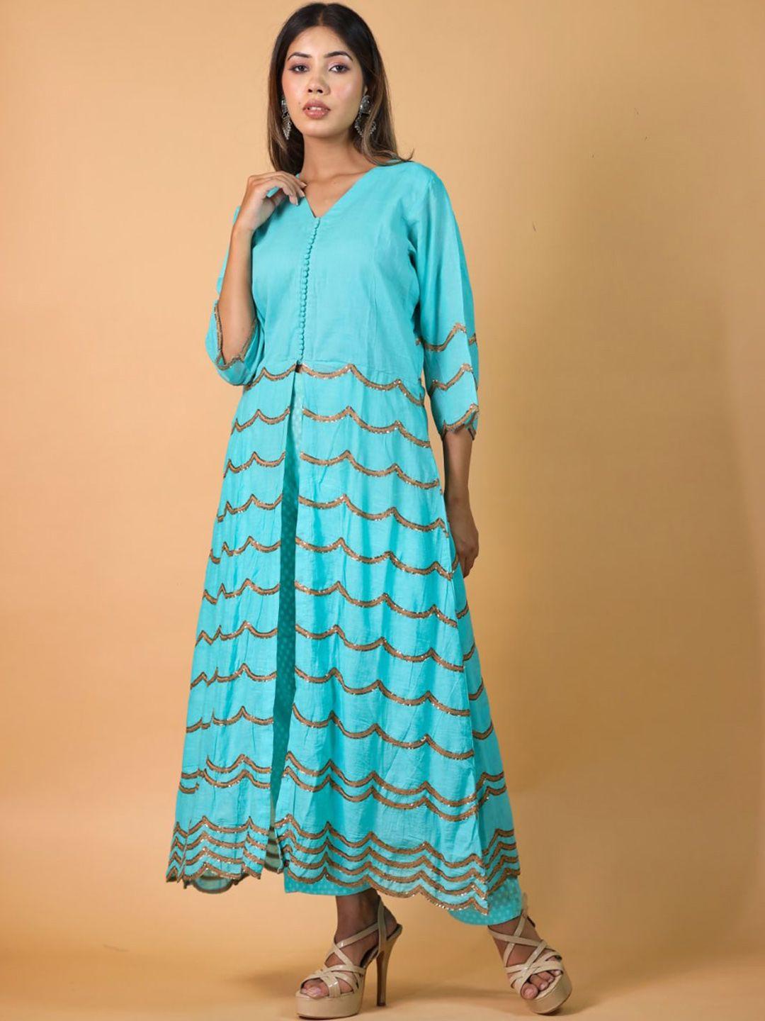 trinjann geometric  embroidered sequined a-line chanderi cotton kurta with palazzos