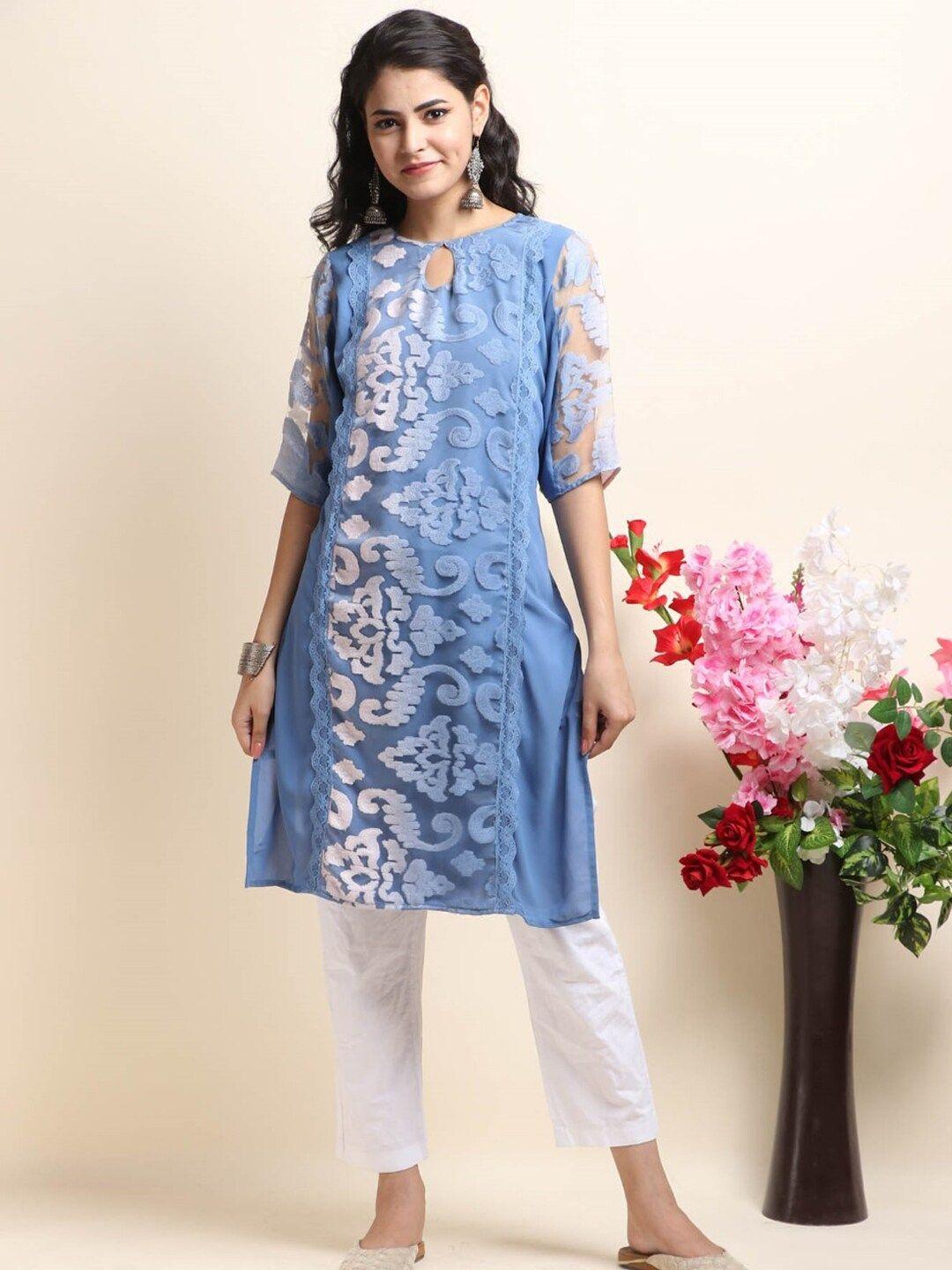 trinjann keyhole neck ethnic motifs self-designed pure cotton straight kurta with lace