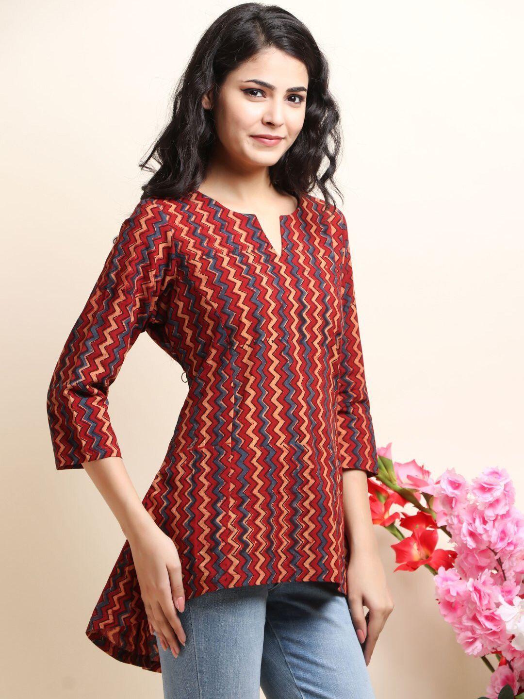 trinjann maroon & maroon geometric printed pure cotton kurti