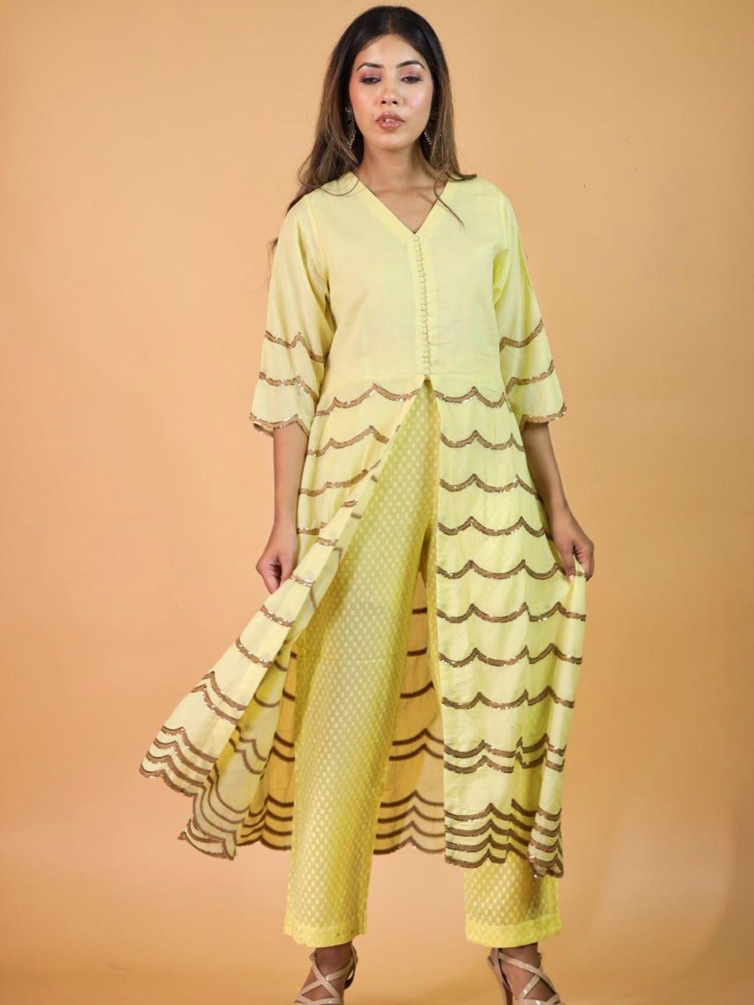 trinjann sequined a-line chanderi cotton kurta with palazzos