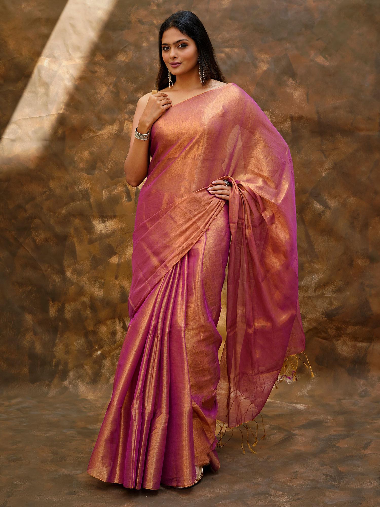 trishika magenta tissue saree with unstitched blouse