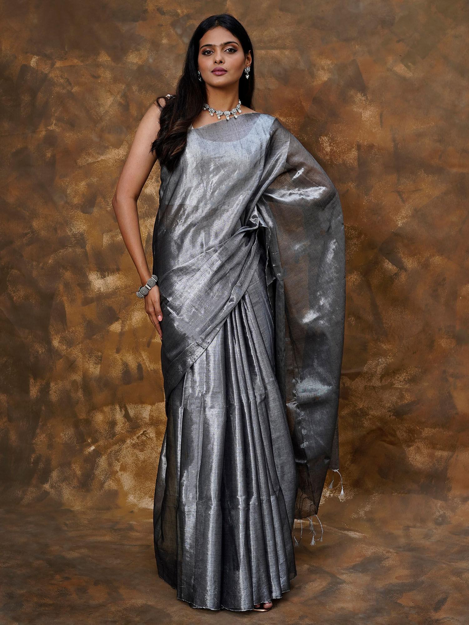 trishika silver tissue saree with unstitched blouse