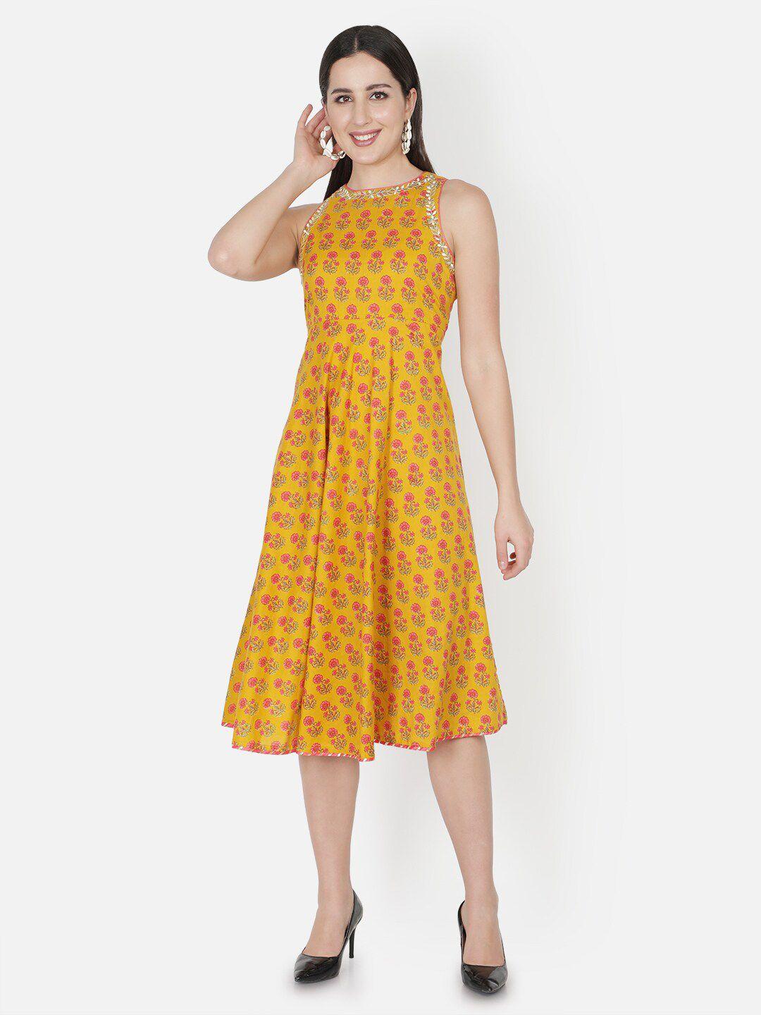 trishla india mustard yellow & pink floral printed dress