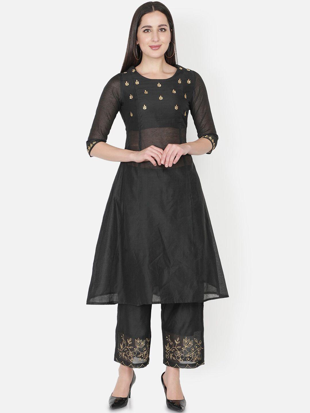 trishla india women black yoke design embroidered chanderi silk kurta with palazzos