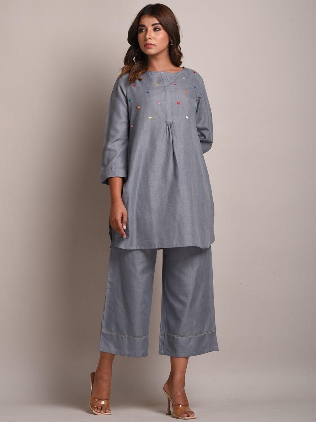 trishla india women grey thread work pure cotton kurti with palazzos