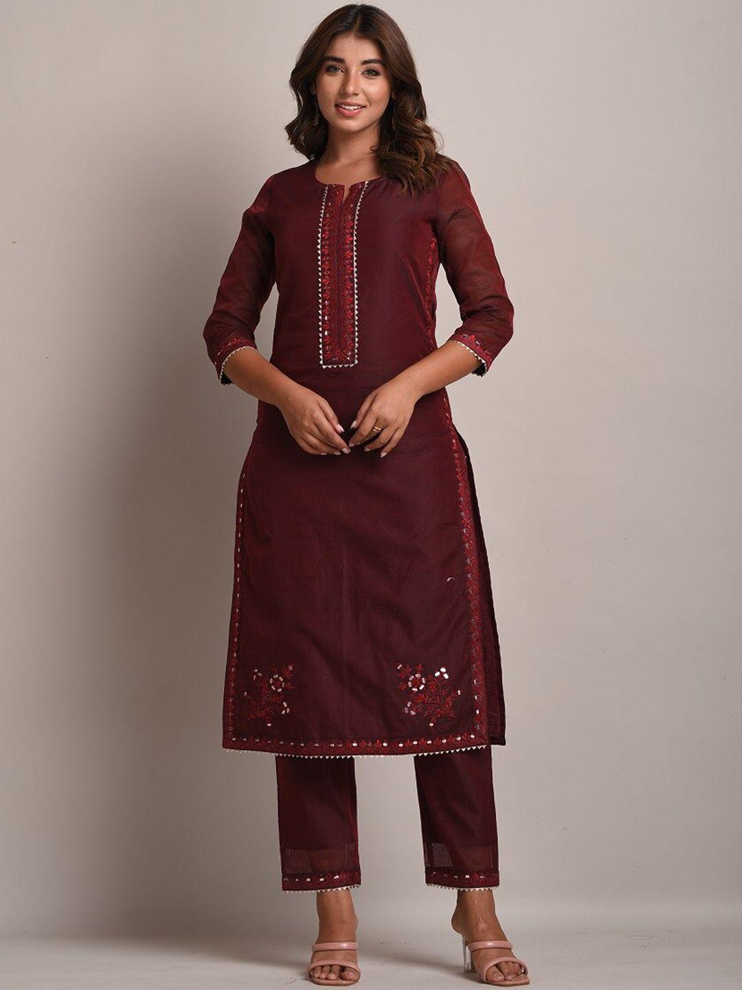 trishla india women maroon mirror work chanderi cotton kurta with trousers