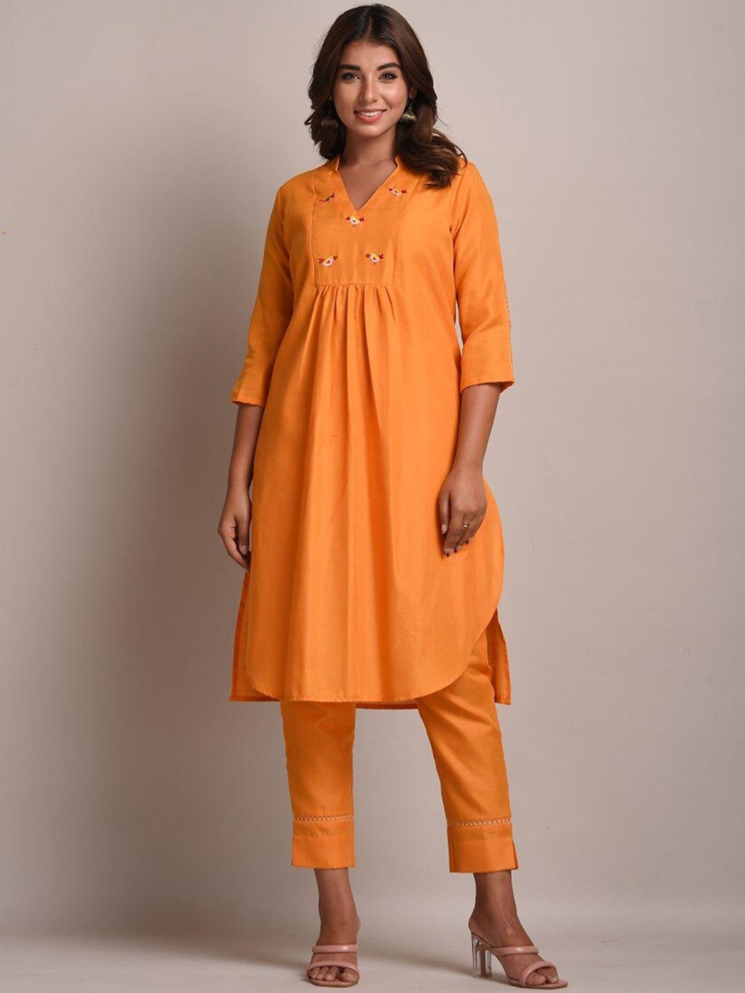 trishla india women orange pure cotton kurta with trousers