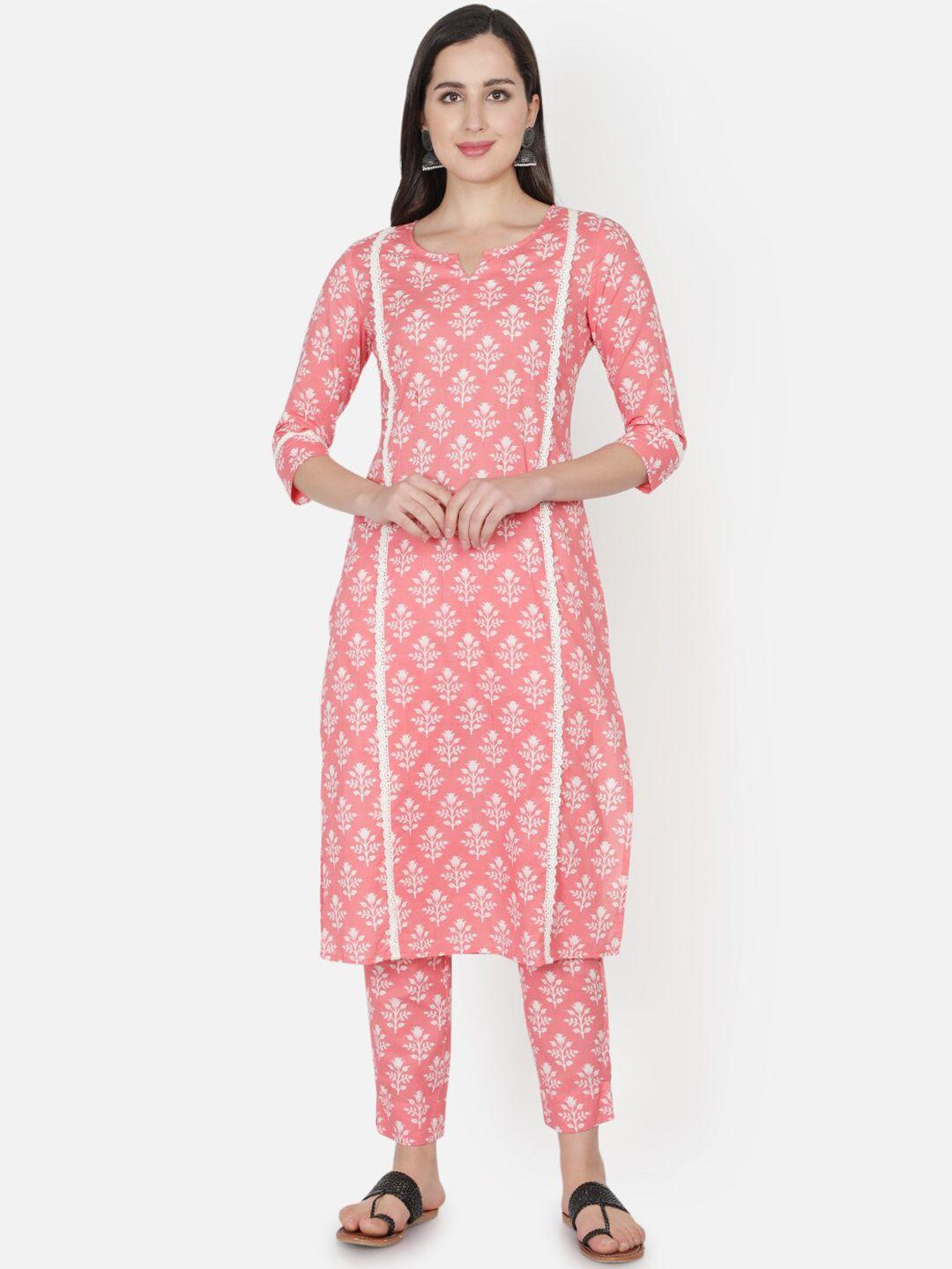 trishla india women peach-coloured ethnic motifs printed kurta with trousers