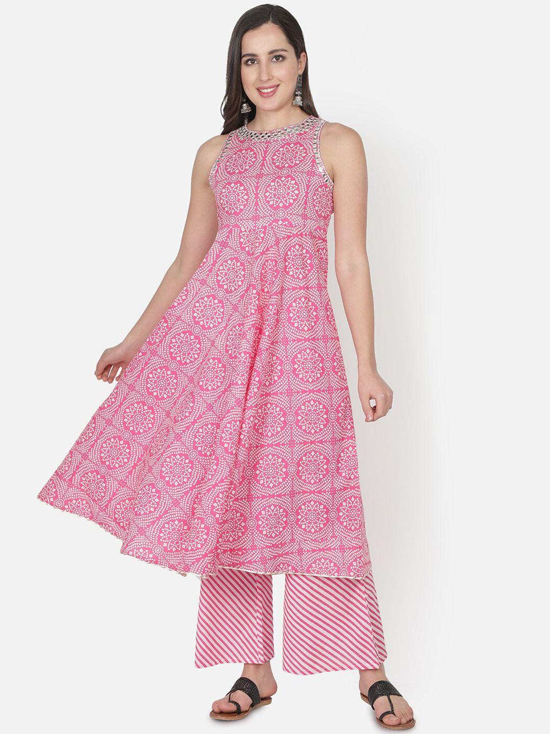 trishla india women pink bandhani printed thread work pure cotton kurta with palazzos & with dupatta