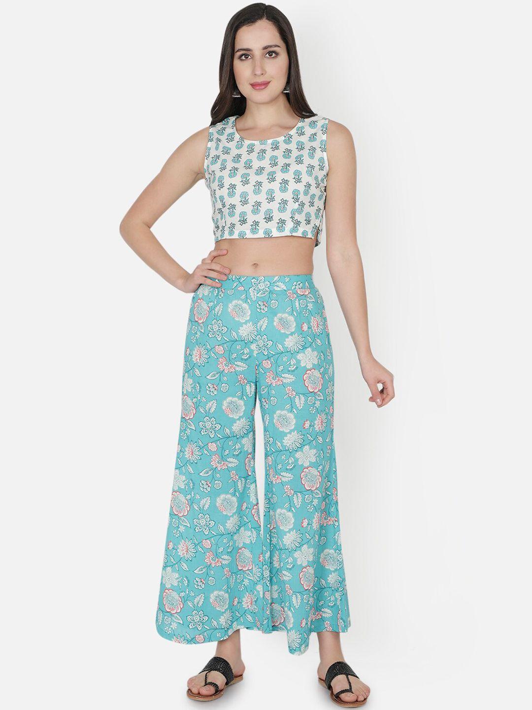 trishla india women turquoise blue & white printed pure cotton top with palazzos & jacket