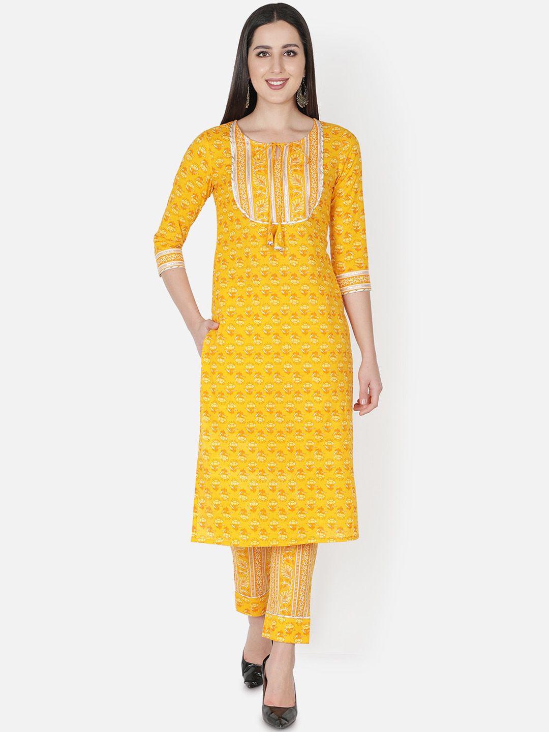 trishla india women yellow ethnic motifs printed pure cotton kurta with trousers