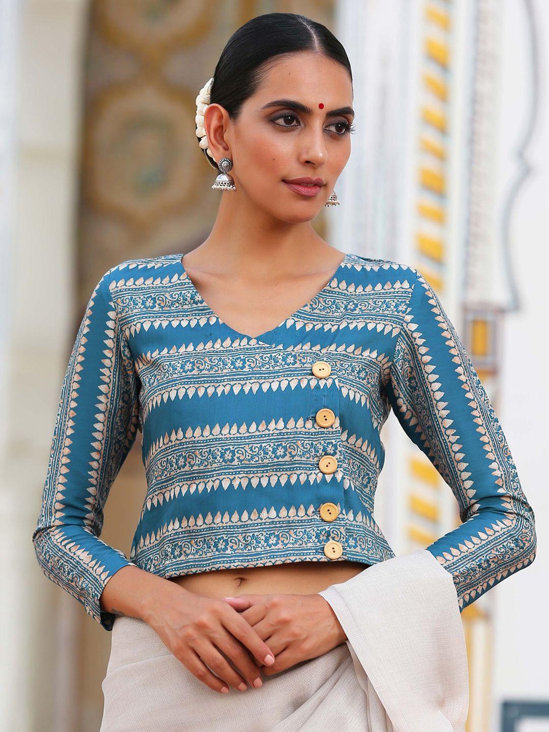 triyah women blue printed angrakha saree blouse
