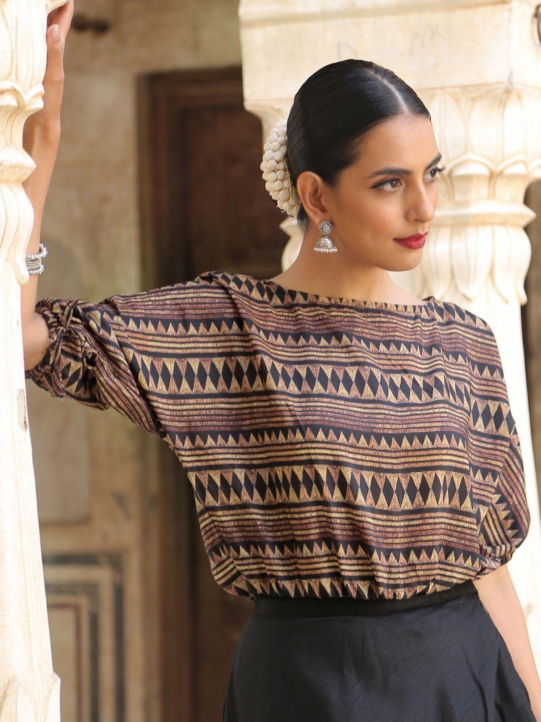 triyah black & yellow geometric printed saree blouse