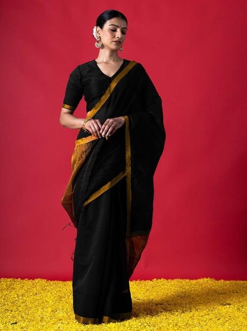 triyah black woven silk blend saree with blouse