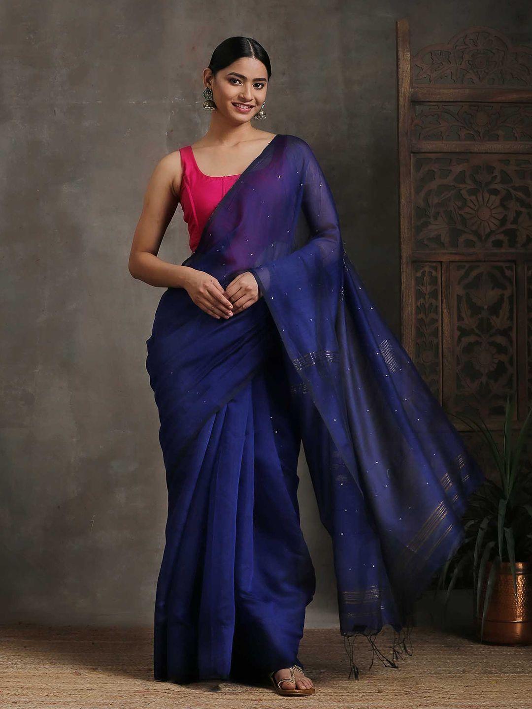 triyah blue & gold-toned woven design sequinned pure cotton saree