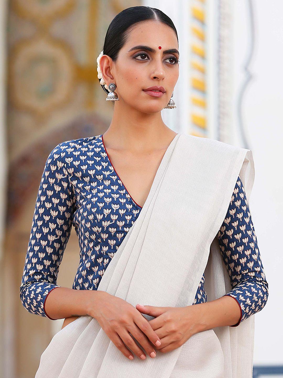triyah blue & white printed cotton saree blouse