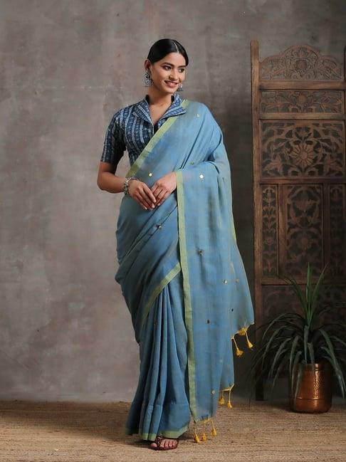 triyah blue embellished cotton saree without blouse