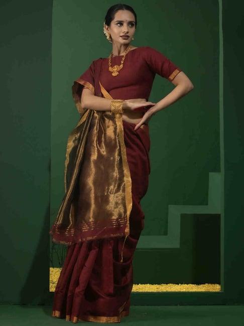 triyah brown & golden cotton plain saree with unstitched blouse