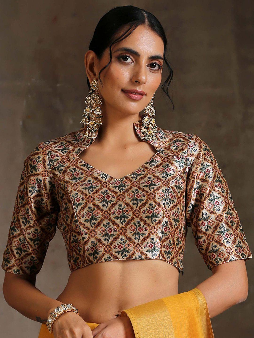 triyah cream cross stitch printed saree blouse