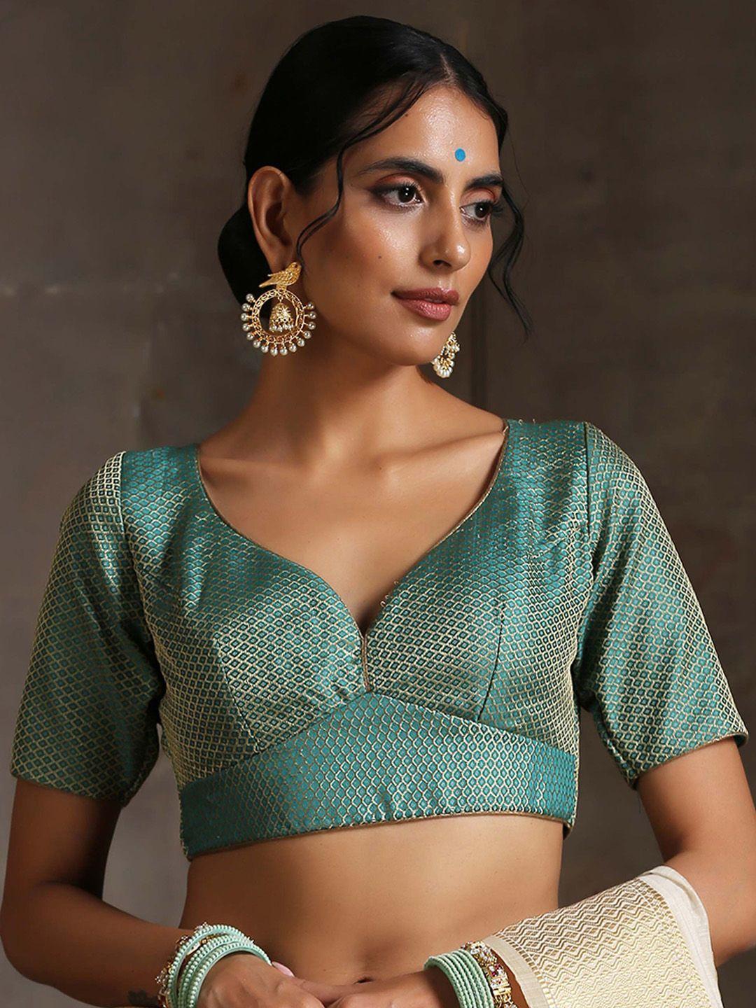 triyah green & golden woven-design  jacquard saree blouse