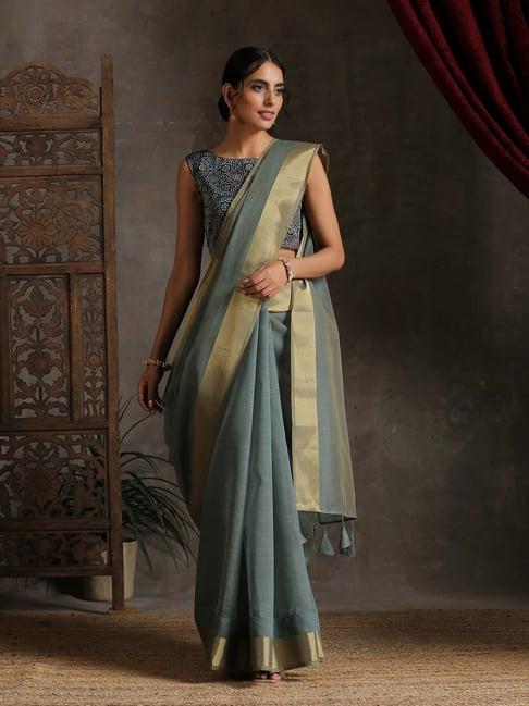 triyah grey woven cotton saree without blouse