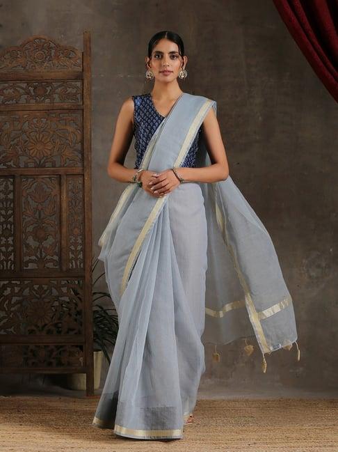 triyah grey woven cotton saree without blouse