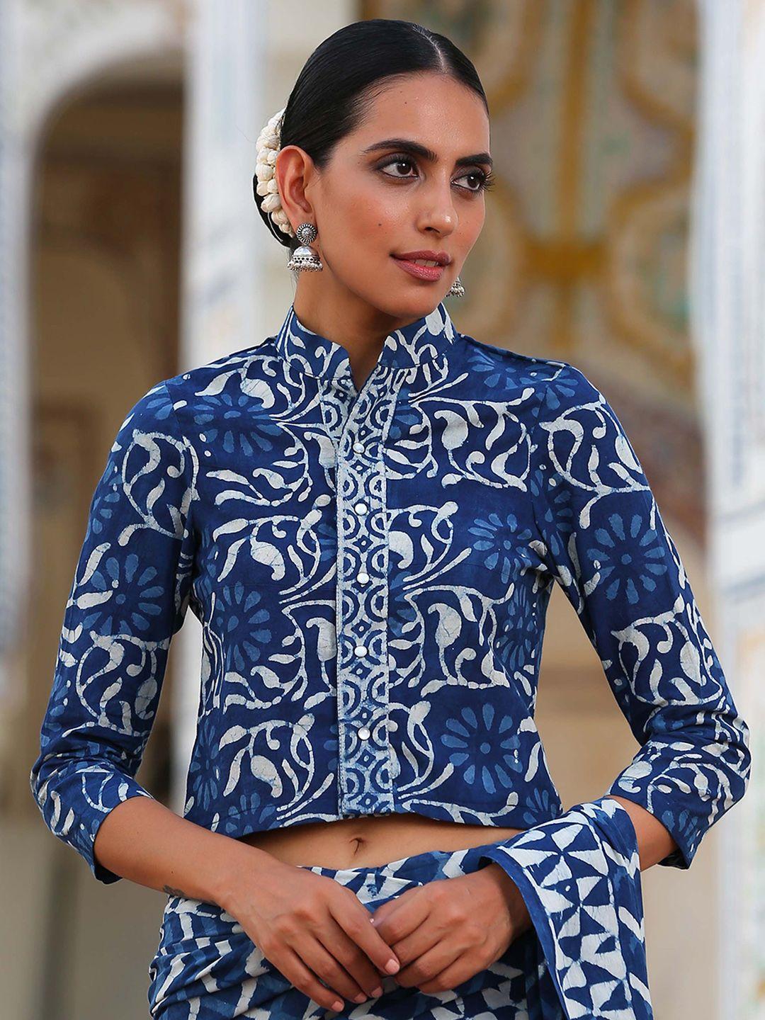 triyah indigo blue printed cotton saree blouse