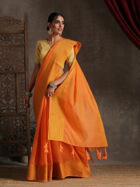 triyah orange woven cotton saree without blouse