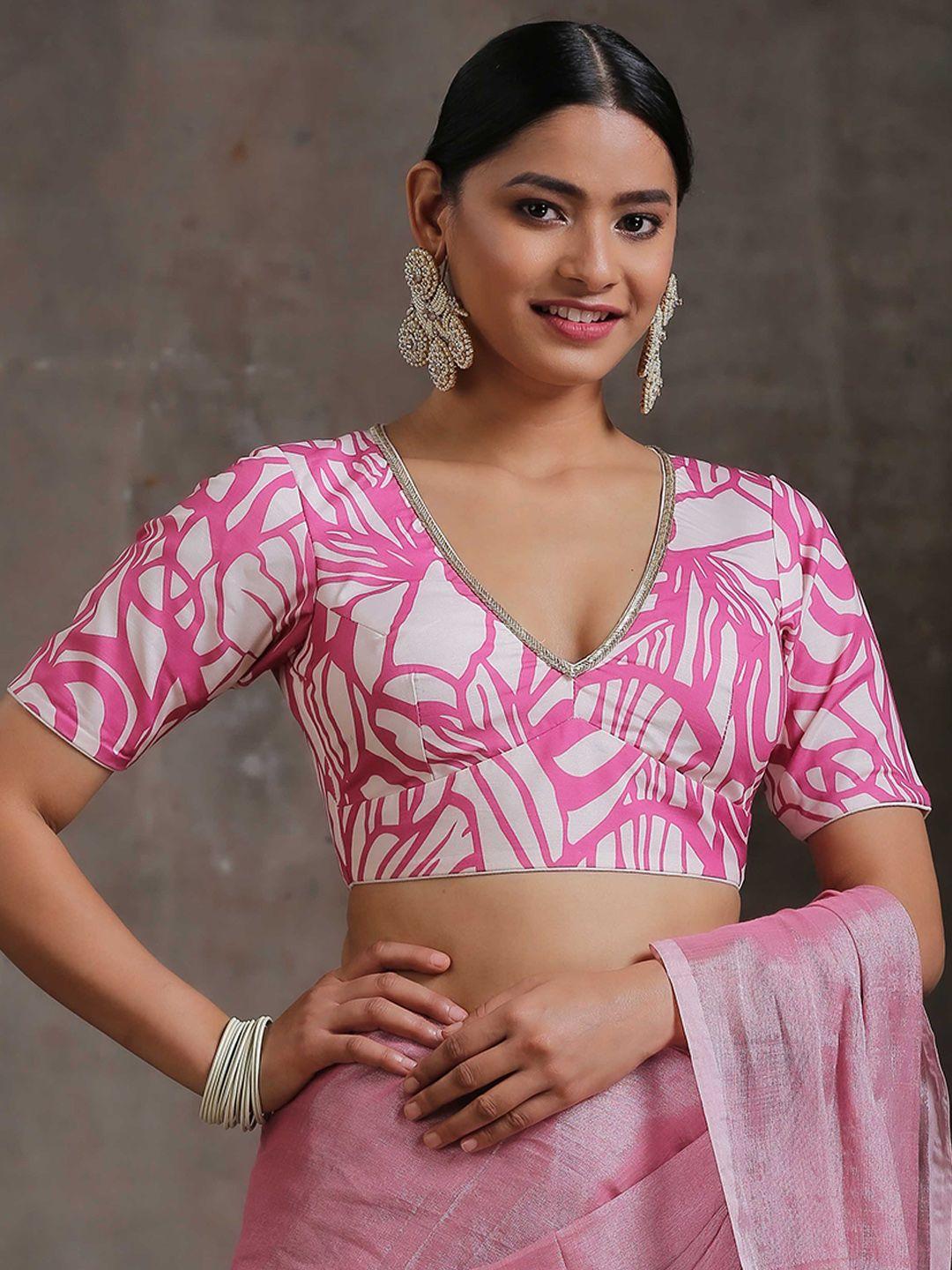 triyah pink printed v-neck cotton saree blouse