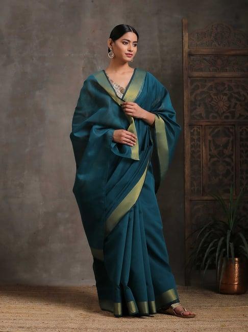 triyah teal woven cotton saree without blouse