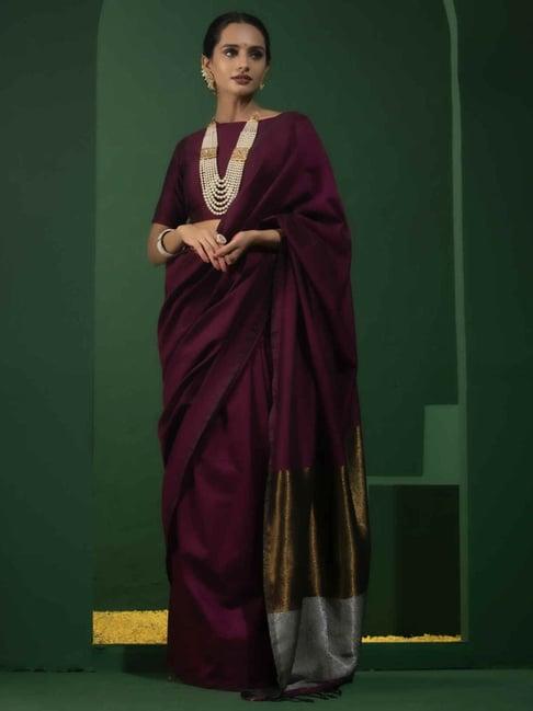 triyah wine plain saree with unstitched blouse