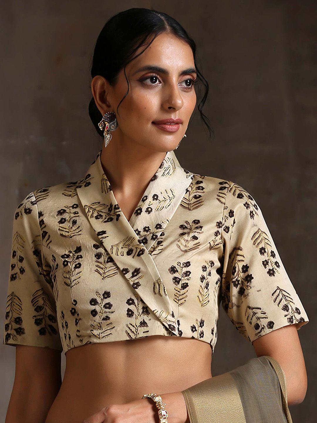 triyah women cream ajrakh printed wrap saree blouse