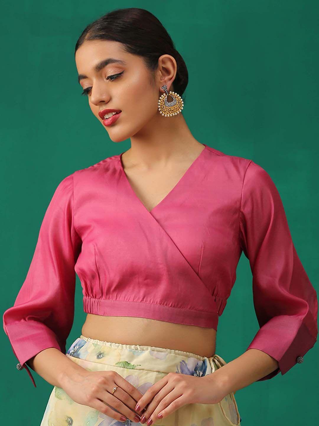 triyah women pink solid wrap saree blouse