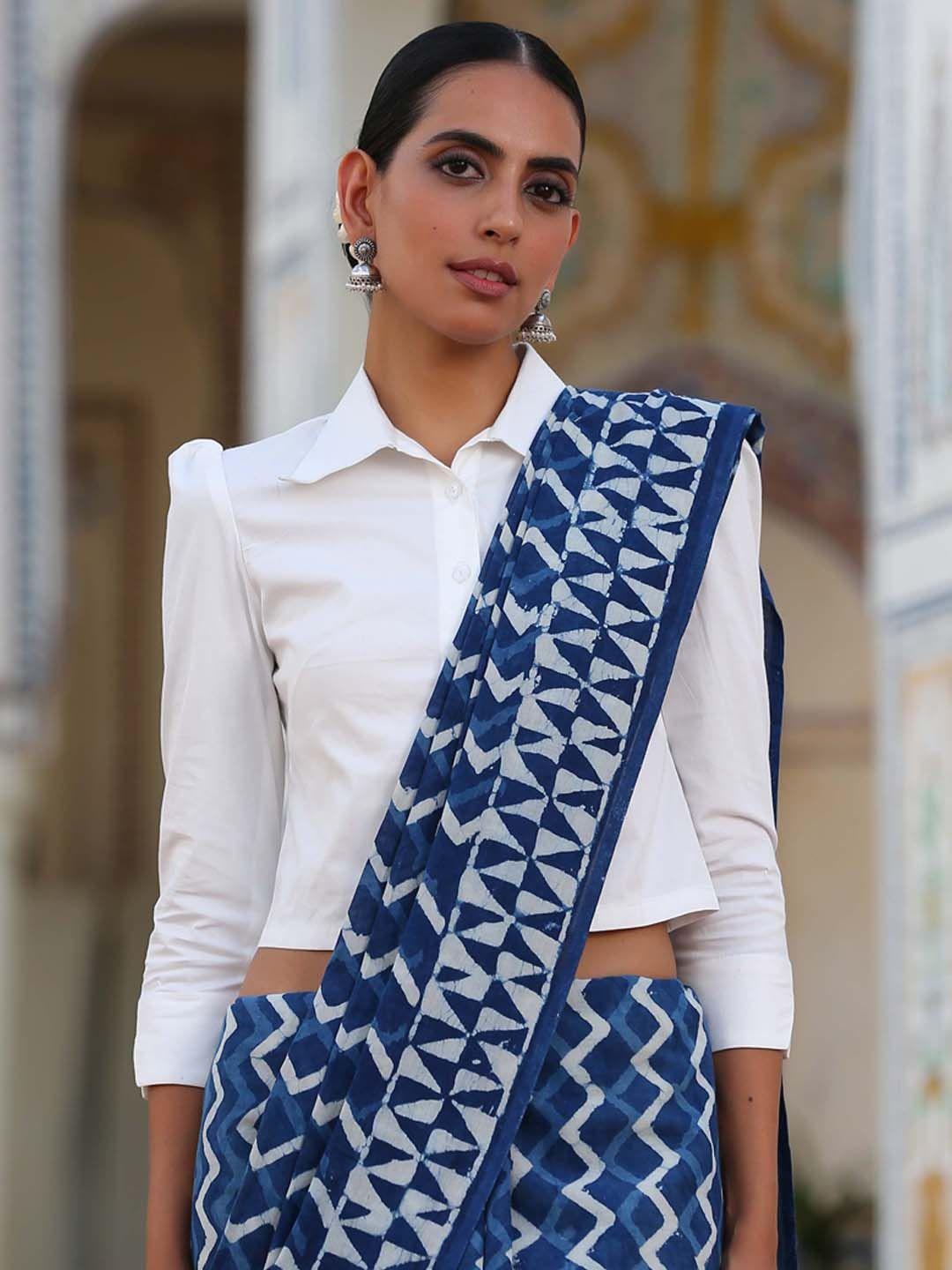 triyah women white solid cotton saree blouse