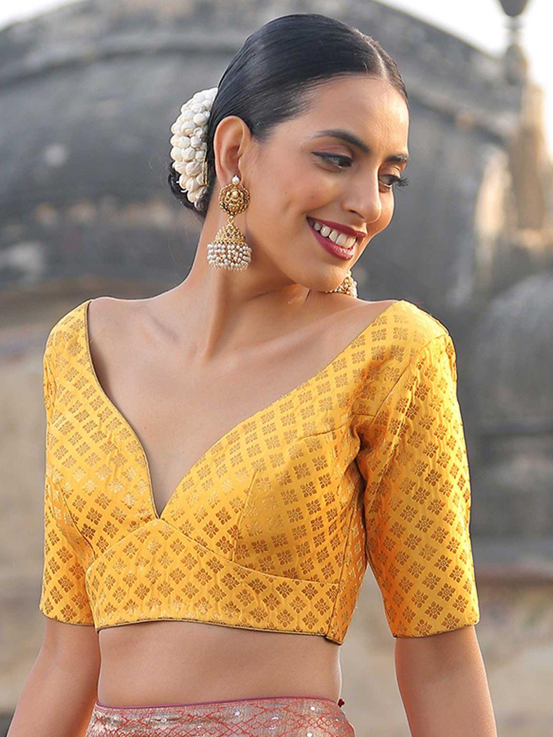 triyah women yellow brocade sweetheart neck saree blouse