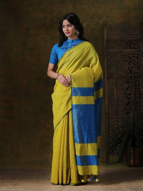 triyah yellow woven cotton saree without blouse