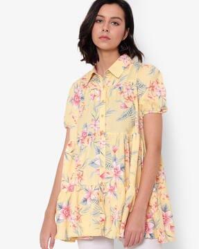 tropical print button-down tiered tunic
