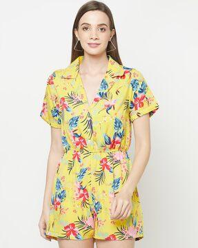 tropical print crepe playsuit with lapel collar