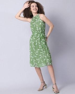 tropical print halter-neck a-line dress