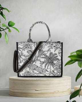 tropical print handbag with zip closure