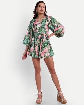 tropical print playsuit with tie-up