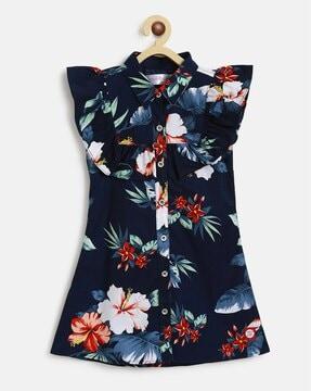 tropical print shirt dress with ruffled overlay