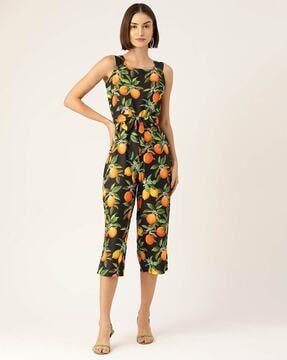 tropical print sleeveless jumpsuit with waist tie-up