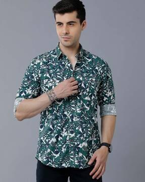 tropical print slim fit shirt with patch pockets