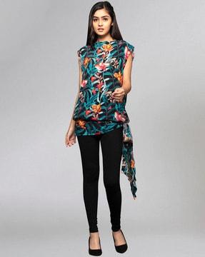 tropical print top with waist tie-up