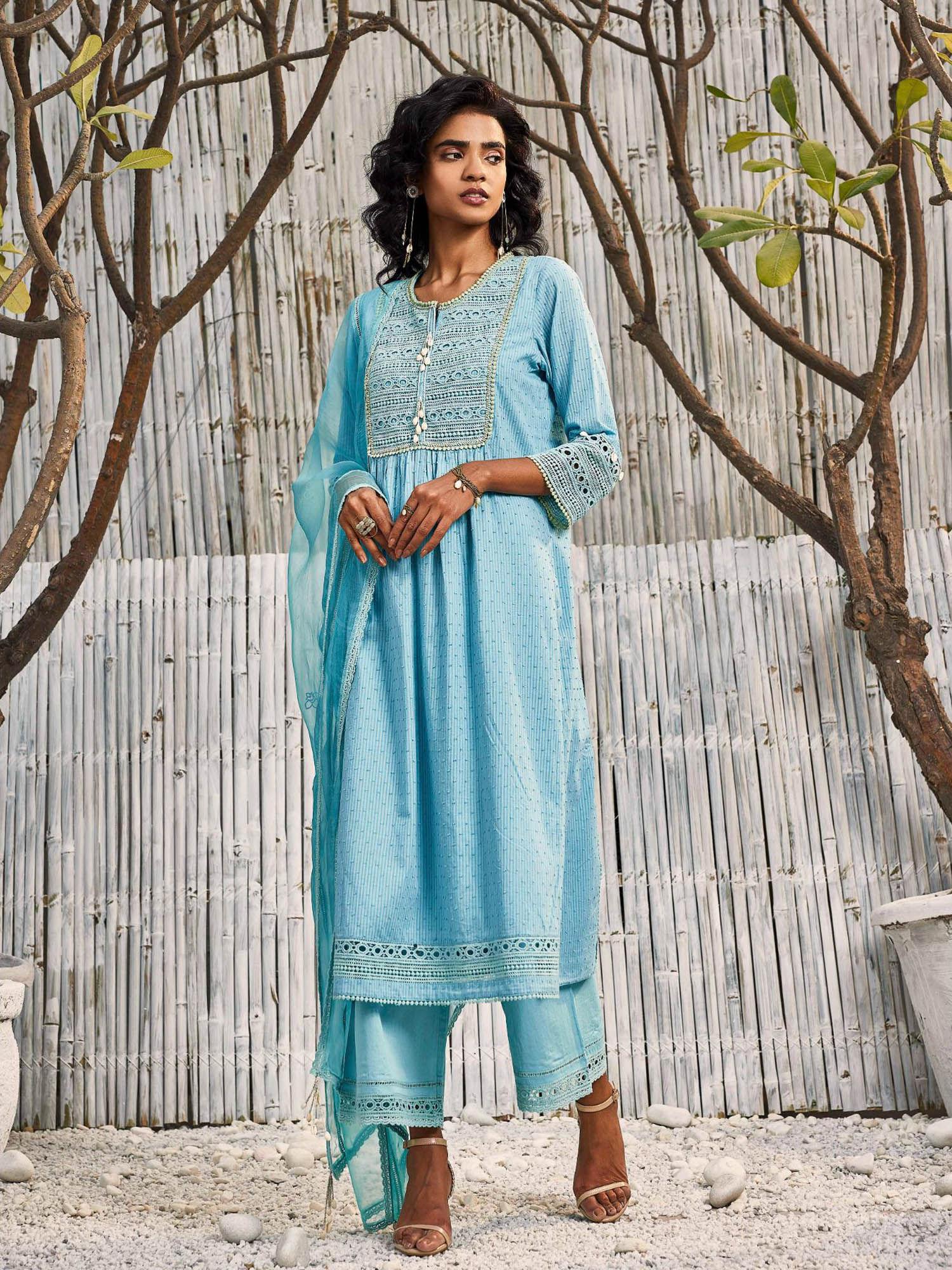 tropical blue cotton kurta with palazzo (set of 3)