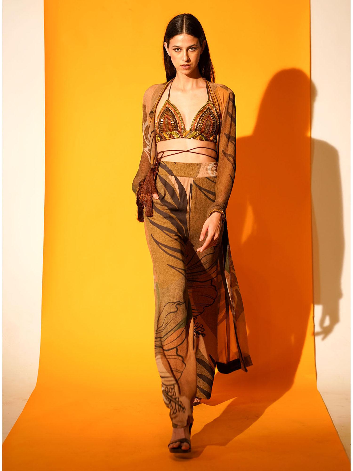 tropical brown jacket pants co-ord with hand embroidered border (set of 2)