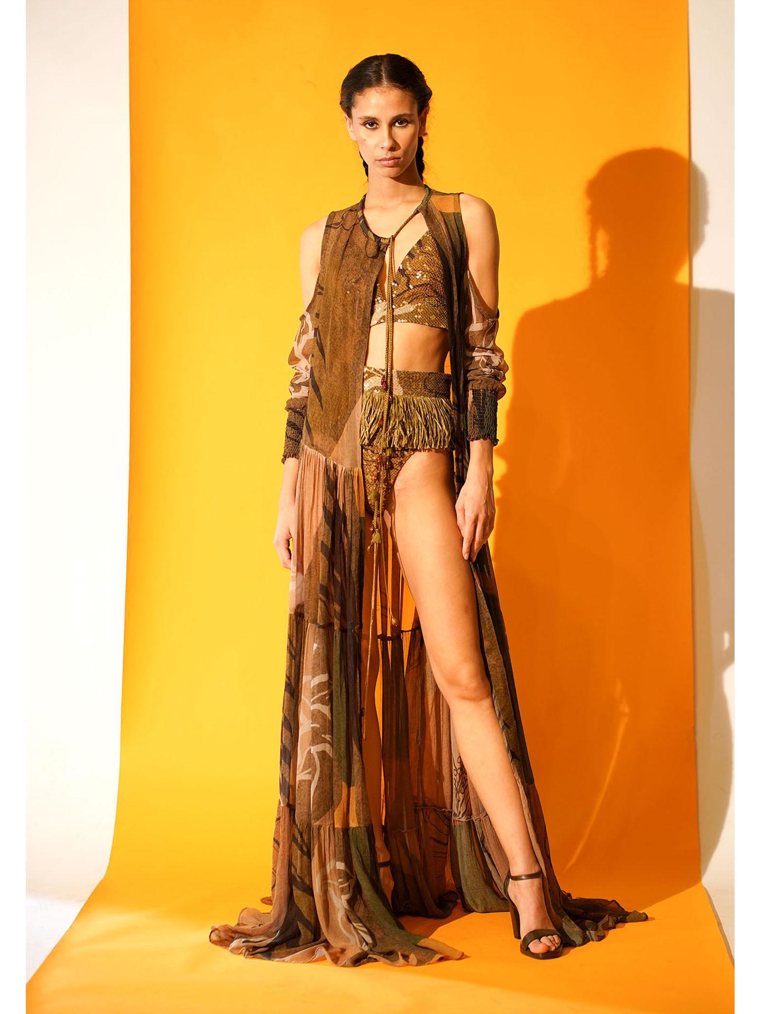 tropical brown print cut-out shoulder cape