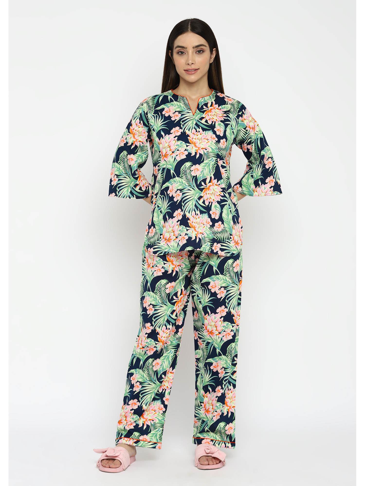 tropical flower print womens night suit (set of 2)