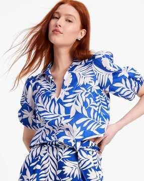 tropical foliage linen puff-sleeves top
